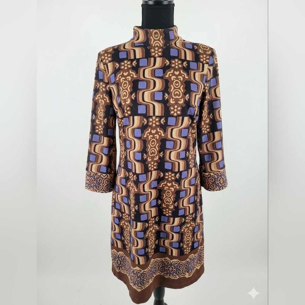 J. McLaughlin Long Sleeve Dress in Brown and Blue